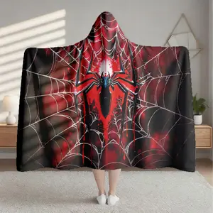1 Piece Red-Black Spider Web Hooded Blanket, Digital Printed Flannel Fleece Blanket, Wearable Hooded Throw, Soft Warm Blanket, Ideal for Sofa, Home Leisure, Air Conditioning Nap, Office Bed or Camping & Travel