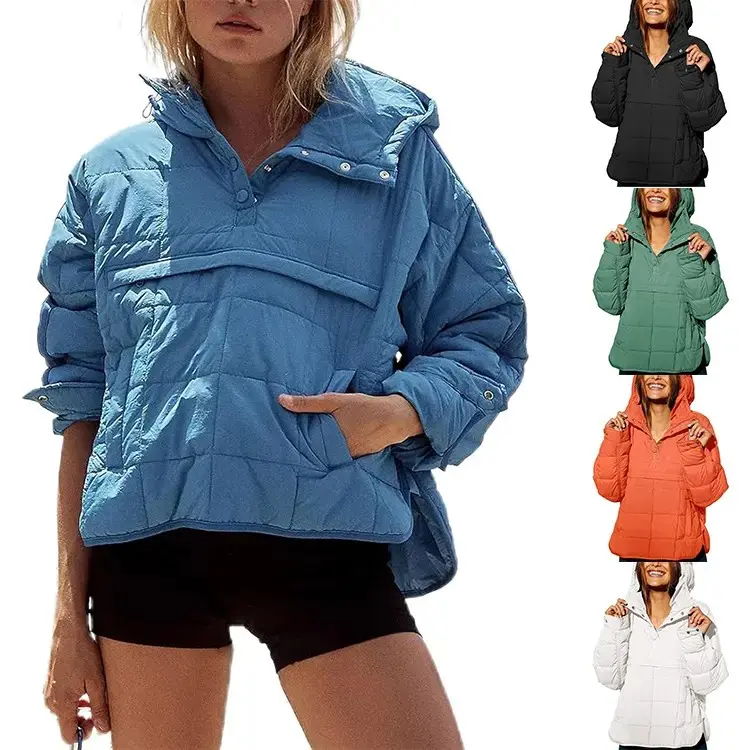 Women's Cute Oversized Hooded Puffer Jacket - Quilted Lightweight Padded Long Sleeve Loose Casual Athletic Foldable Snap-Closure Outerwear with Pockets for Winter Warmth
