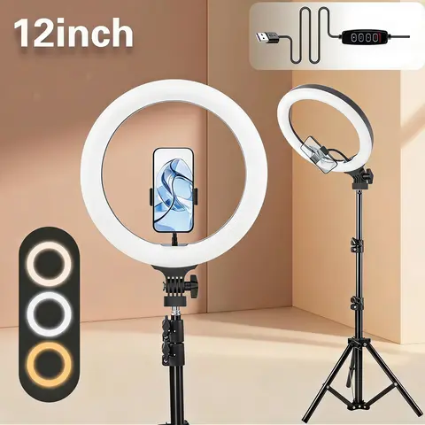 12" Professional LED Video Ring Light Kit - 43.3" Aluminium Adjustable Tripod, 3-Color Dimmable Cellphone Mount, Rotatable Ring Stand, Mobile Phone Rig, 12" Full Face Glow Lighting for Filming, Live Streaming Selfie Phone Accessories