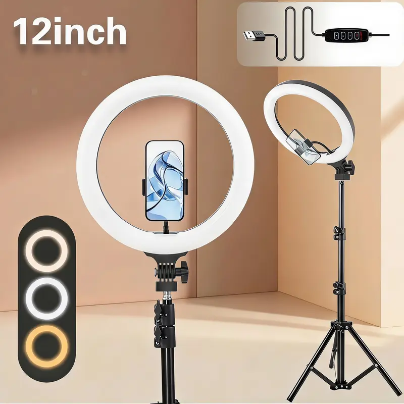 12" Professional LED Video Ring Light Kit - 43.3" Aluminium Adjustable Tripod, 3-Color Dimmable Cellphone Mount, Rotatable Ring Stand, Mobile Phone Rig, 12" Full Face Glow Lighting for Filming, Live Streaming Selfie Phone Accessories