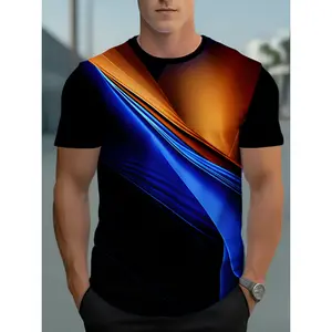 Men'S Trendy Color Block Abstract Line Print Short Sleeve T-Shirt, Summer New Casual Breathable Crew Neck Top, Versatile Loose Plus Size Undershirt for Daily Commute And Fitness, European And Style