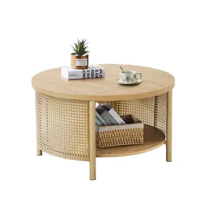 Giratree 31.5" Round Coffee Table for Living Room, 2-Tiered Iron Rattan Center Table Boho Modern Coffee Table with Storage, Wooden Circle Coffee Tables for Home, Office, Cafe