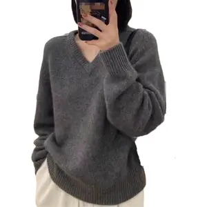Cashmere Sweater Women Autumn and Winter Loose Soft V-Neck Bottom Sweater Knit Jumper