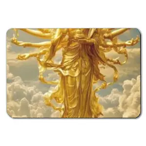 Diatom mud floor mat  Golden Guanyin Statue With Multiple Arms On Lotus Pedestal Amid Sunlit Clouds