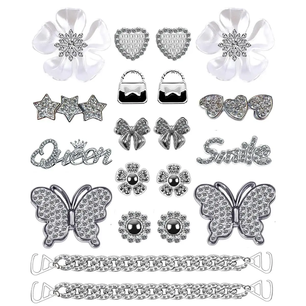18-Piece Funky Rhinestone Shoe Charms, Bling Butterfly & Flower Chain Decorations, Cute Decorative Shoe Accessories for Women & Girls, Cute Shoe Decorations, Flower Shoes Decoration