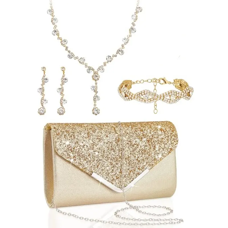 Women's 5-Piece Rhinestone Jewelry Set with Clutch Purse, Formal Wear Accessory for Brides, Graduations, Featuring Gold Accents, Rhinestone Decorations & Sparkly Embellishments, Gold Accents Jewelry Sets