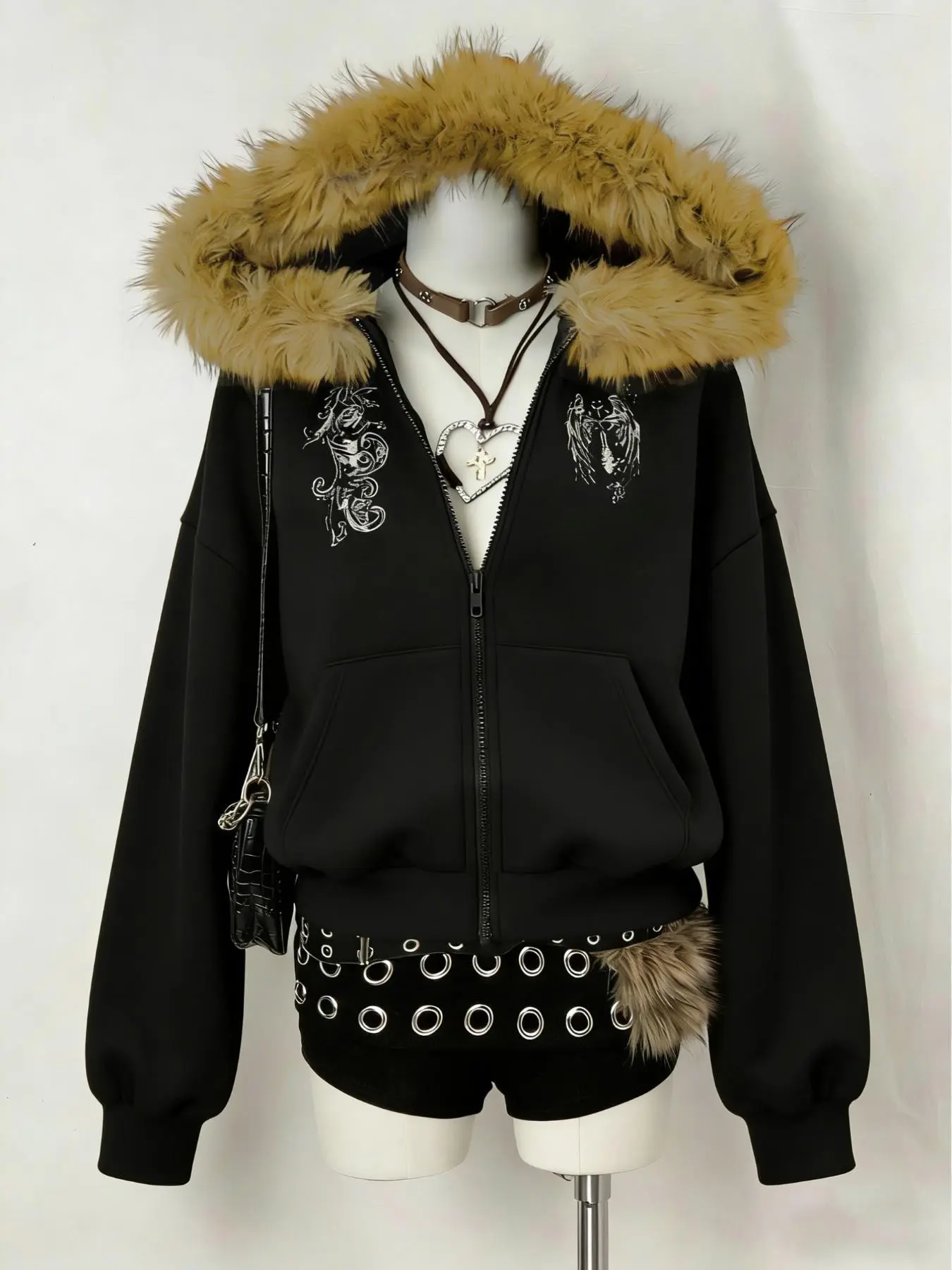 トップス archive grunge gap parka y2k black Y2K Cyber Grunge Full Zip Hoodie with Red Furry Hood | Gothic