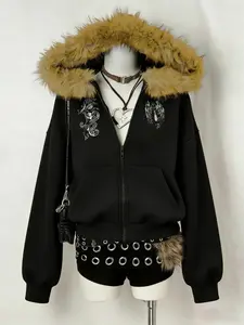 Viral Gothic Aesthetic Graphic Hoodie - Faux Fur Trimmed Zip-Up Soft Fleece Y2K Streetwear Printed Jacket | TikTok Trendy Embellished Dark Style Outerwear | Comfy Edgy Casual/Party Outfit Top | Aesthetic Alternative Fashion Hoodie | Must-Have Cool Weather