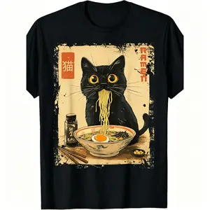 Casual Vintage Kawaii Cat Ramen Graphic Cotton T-Shirt with Short Sleeves Crew Neck Regular Fit Suitable for All Seasons Made in USA