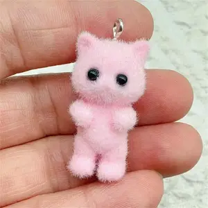 4pcs Kawaii 3D Fluffy Flocking Resin Cat Animal Charms Pendant Colorful Keychain Necklace Pendant DIY Crafts Jewelry Making
