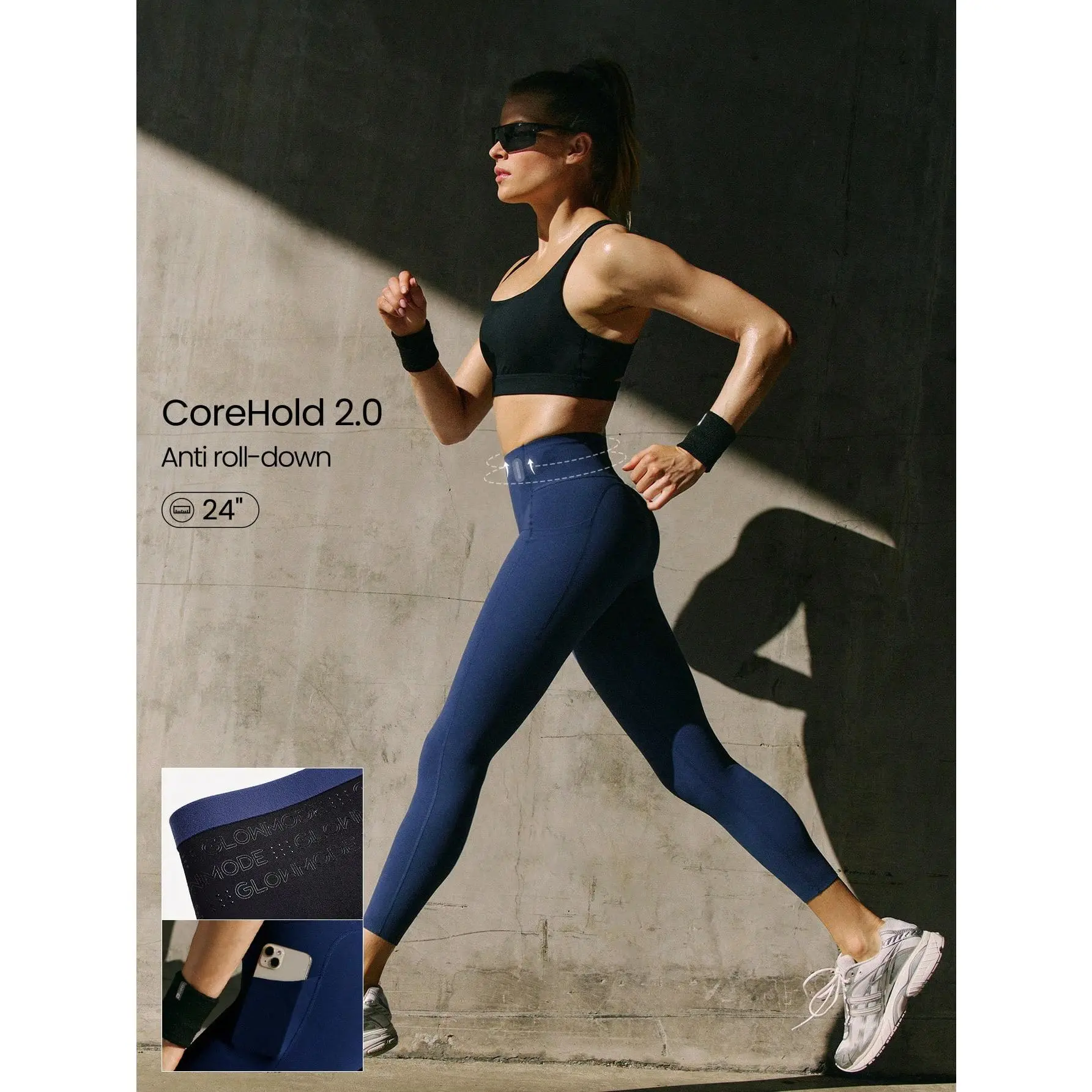 GLOWMODE 24" FeatherFit-Sculpt Sweat-O-Clock Compressive Anti-Roll Tummy Control No Front Seam Side Pockets Leggings Low Impact Training Running Workout Gym