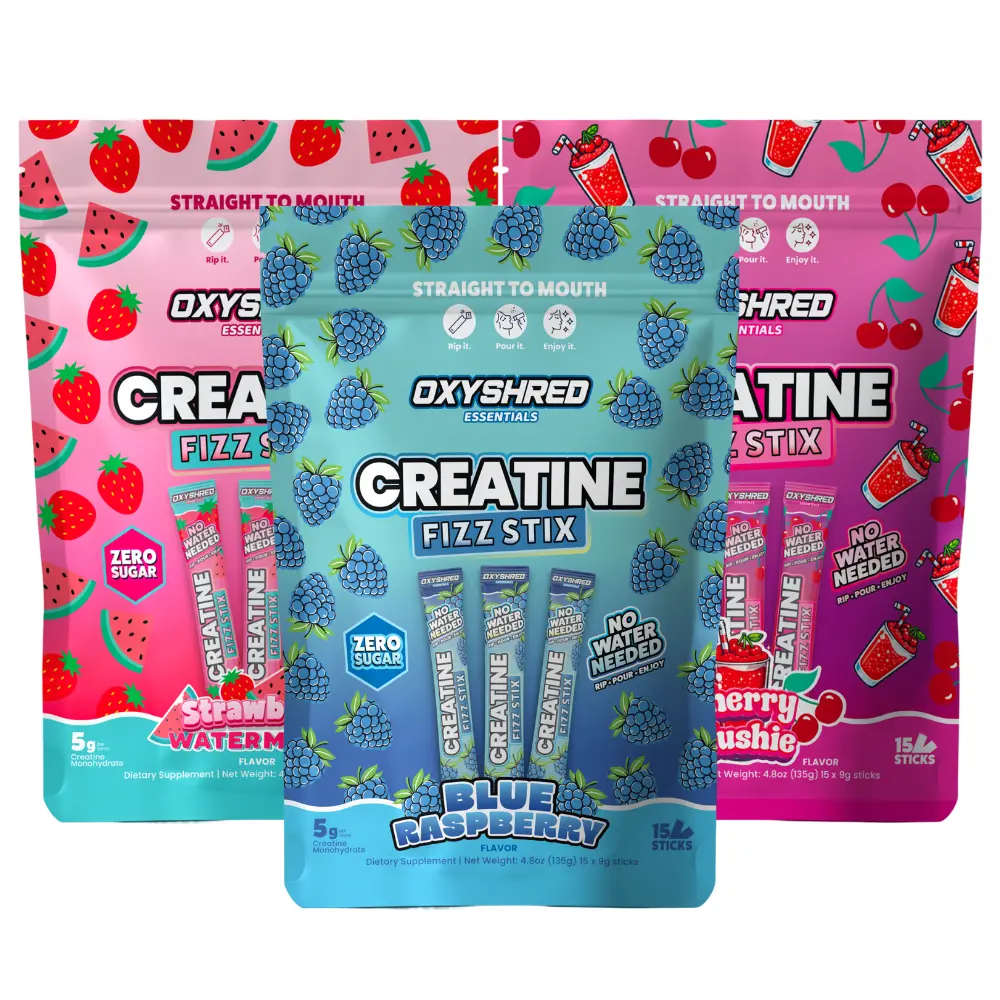 EHPlabs OxyShred Creatine Fizz Stix Triple Pack - Sugar-Free Single-Serve Sherbet, 5g Creatine Monohydrate, No Water/Shaker/Mixing, Supports Athletic Strength, 45 Rip & Pour Sticks, 3 Flavors