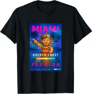 Colorful Egyptian King Tut Miami Florida Waves Rider Cartoon T-Shirt