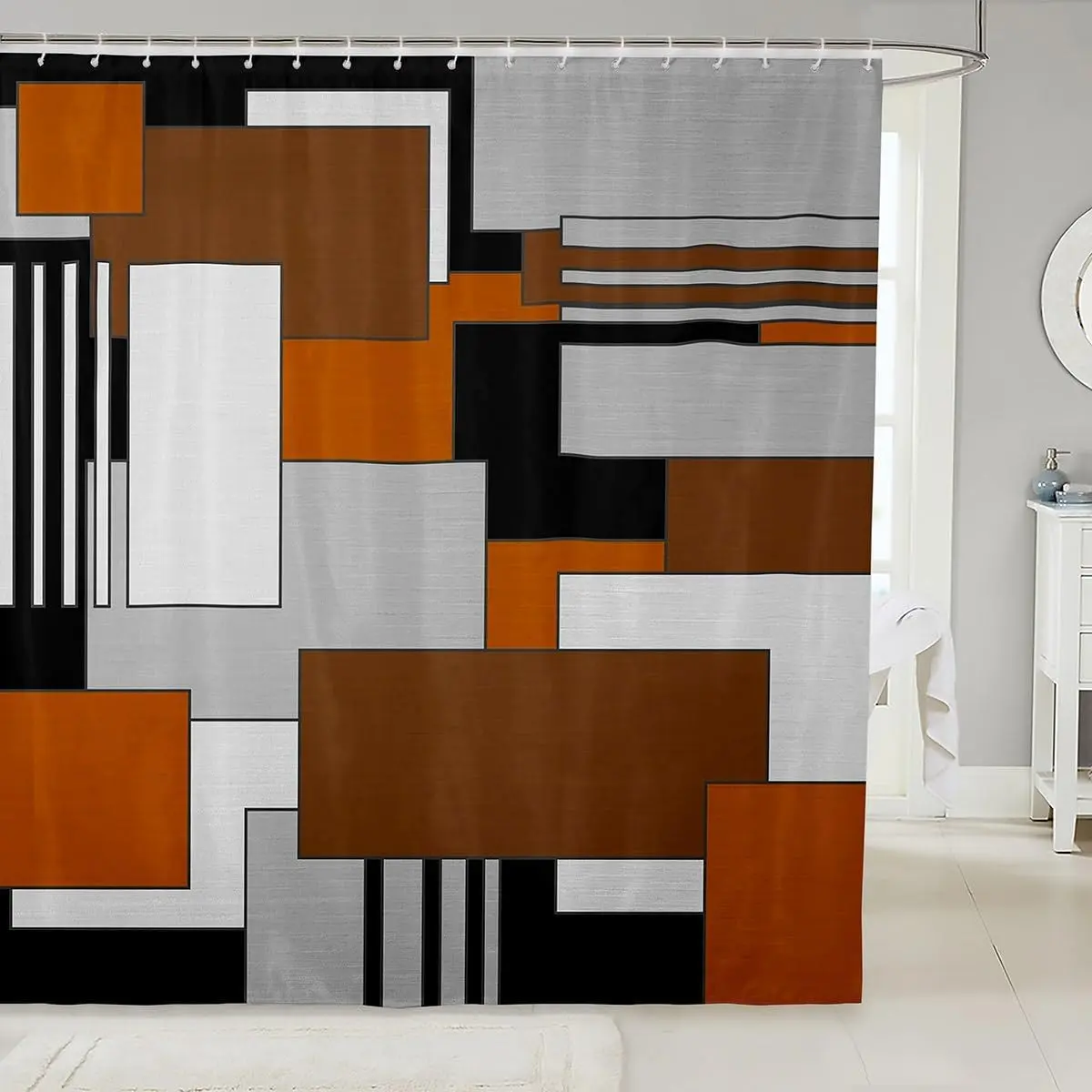 Feelyou 72"x72" Waterproof Adjustable Fun Geometric Blocks Shower Curtain Set - Orange, Gray, Black Abstract Bold Pattern Fabric, Washable Bathroom Decoration Accessory for Dorm Rooms, Gym Stalls, Bathtubs