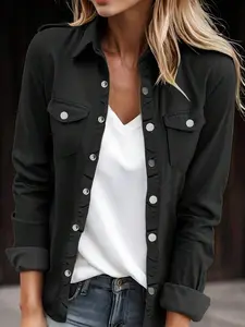Women Fashion Solid Color Long Sleeve Black Denim Shacket With Pocket Buttons Placket Denim Shirt Jacket Casual Fall/Spring Wear