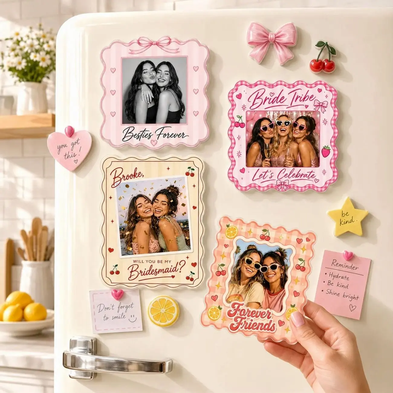 Personalized Besties Photo Strip Magnet, Custom Gingham Photo Booth Fridge Magnet, Best Friend Acrylic Keepsake, Birthday Gift for Bestie