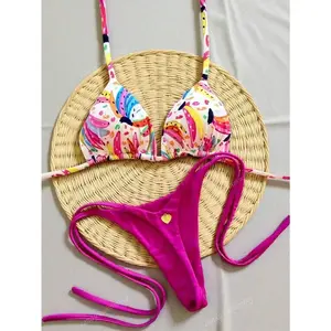 2PCS Women Summer Beach Pattern Print Halter Tie Sexy Thong Bikini Set