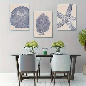 Modern Beach & Ocean Theme Wall Decor Set, Shell, Starfish, Floral Designs, Ideal for Living Room, Bar, Cafe, Home Office, Unframed Art Print
