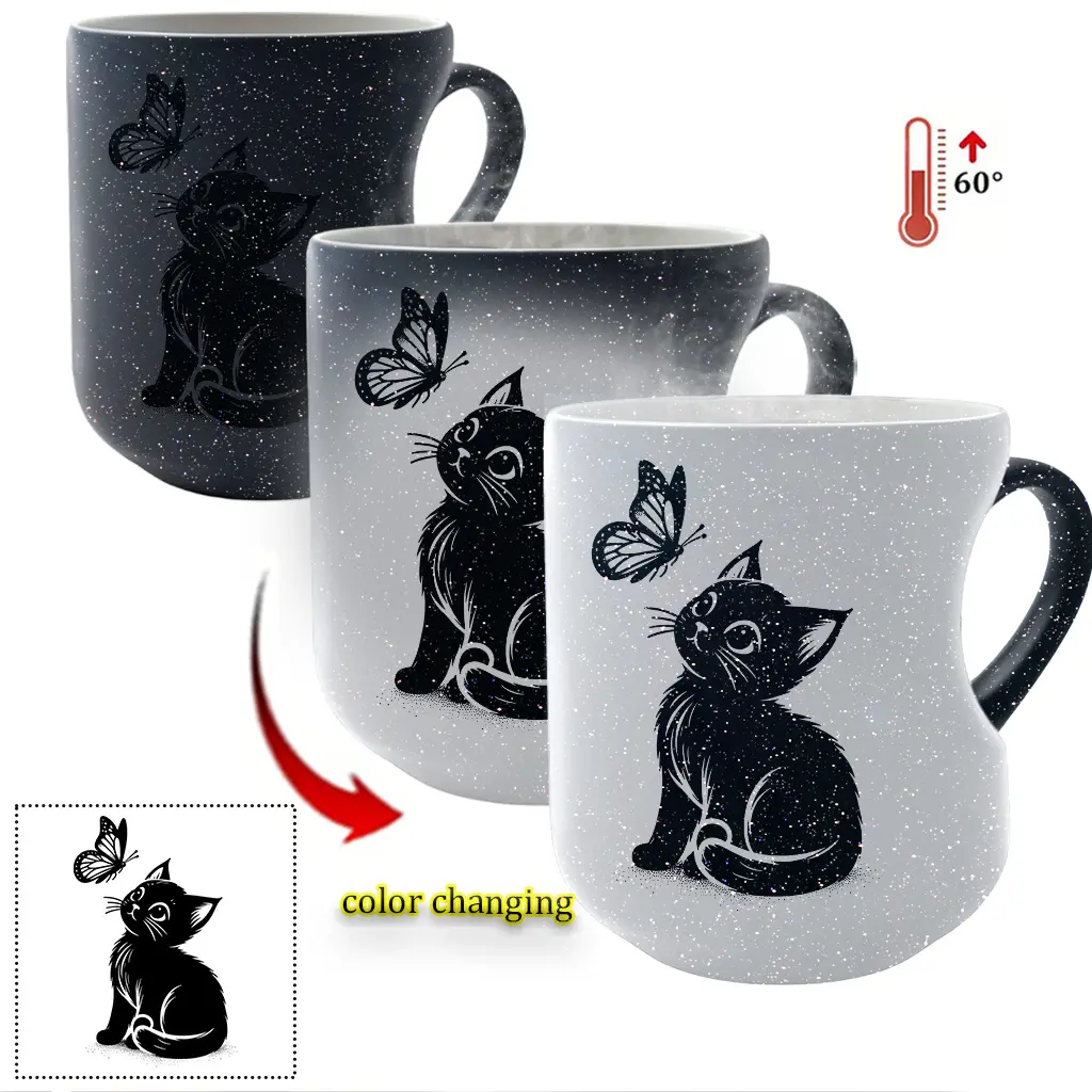 Cat & Butterfly Color-Changing Mug, Fun Ceramic Mug: Heat-Activated Color-Changing Mug Thermosensitive Ceramic Mug, Heart Handle Mug, 11 oz/330 ml, Coffee Mug Christmas Gift for Friends, Drinkware