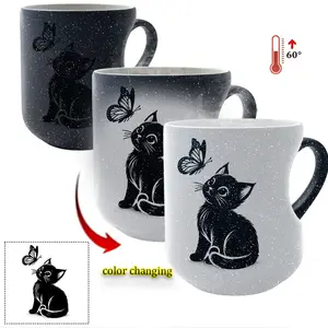 Whimsical Cat & Butterfly Color-Changing Mug: Transform Your Beverage with Every Sip!Heat-Activated Color Changing Mug Magic Reveal Mug Thermosensitive Ceramic Mug, Heart Handle Mug, 11 oz/330 ml, Coffee Mug Christmas Gift for Friends