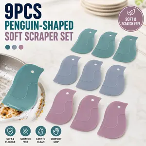 9Pcs Penguin-Shaped Soft Scraper Set, Cute Household Kitchen Scrapers for Oil Stains, Baking, Dough Cutting, Countertop Cleaning, Cookware Residue, Sink, Stove and Daily Kitchen Cleaning Gadgets