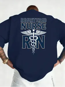 Men's Caduceus Letter Print T-Shirt, Round Neck Summer Top with Geometric Pattern, Casual Fitted Long Sleeve Tee