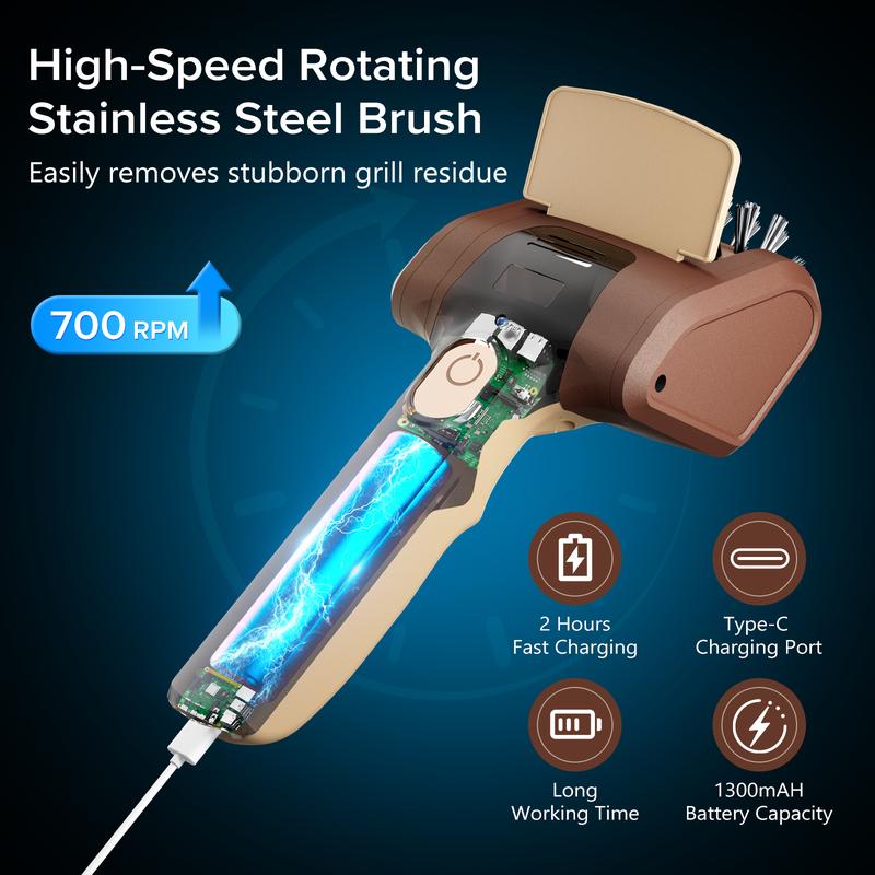 Cordless Rechargeable Electric BBQ Grill Brush, Barbecue Utensils, Premium Stainless Steel Bristles, Deep Cleaning Barbecue Accessory for All Grill Types & Grates