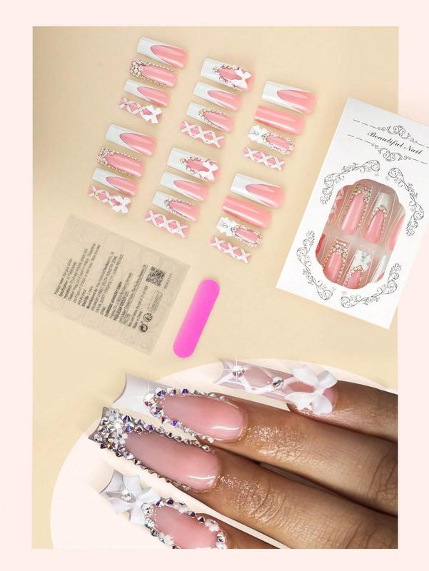 24-Piece Y2K Glossy Press-On Nails with White French Tips, 3D Bows & Dazzling Rhinestones - Long Square Shape