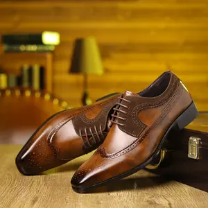 Large men's wingtip Oxford shoes, comfortable, non slip, durable, lace up rubber sole formal shoes, men's shoes Brown Boy