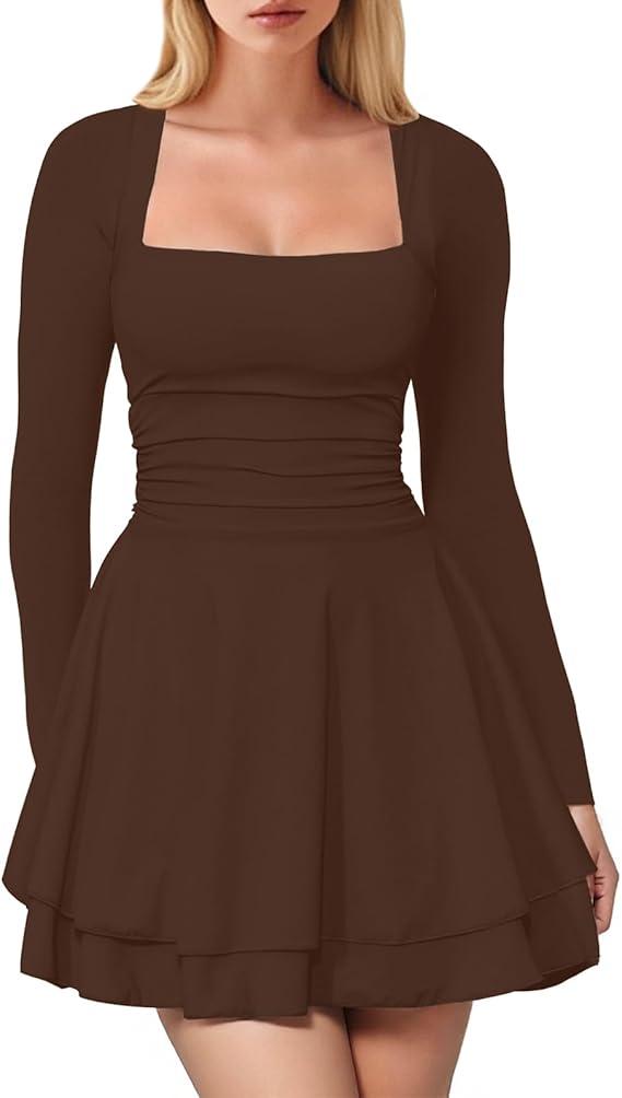 Women's Square Neck Ruffle Hem Mini Dress Ruched Waist Long Sleeve Corset Short Party DressesWomen's Square Neck Ruffle Hem Mini Dress Ruched Waist Long Sleeve Corset Short Party Dresses