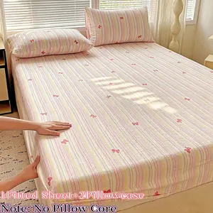 A set of striped bow printed mattress three-piece set, soft and simple bedding mattress cover, no filled pillowcase, multi-size optional, machine washable and easy to take care of, summer bedroom decorations