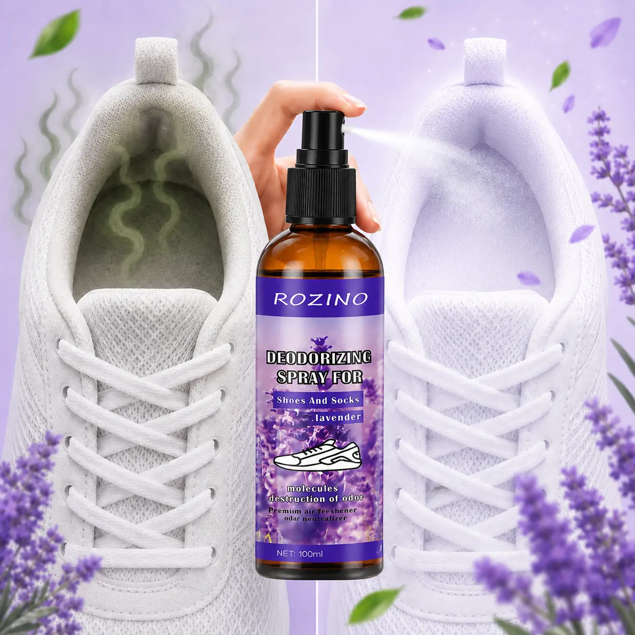 ROZINO Shoe Odor Eliminator Spray, Lavender Footwear Deodorizer for Smelly Shoes, Sneakers, Boots & Socks, Freshening Spray for Gym Bags, Closets and Lockers, Portable Shoe Freshener, 100ml