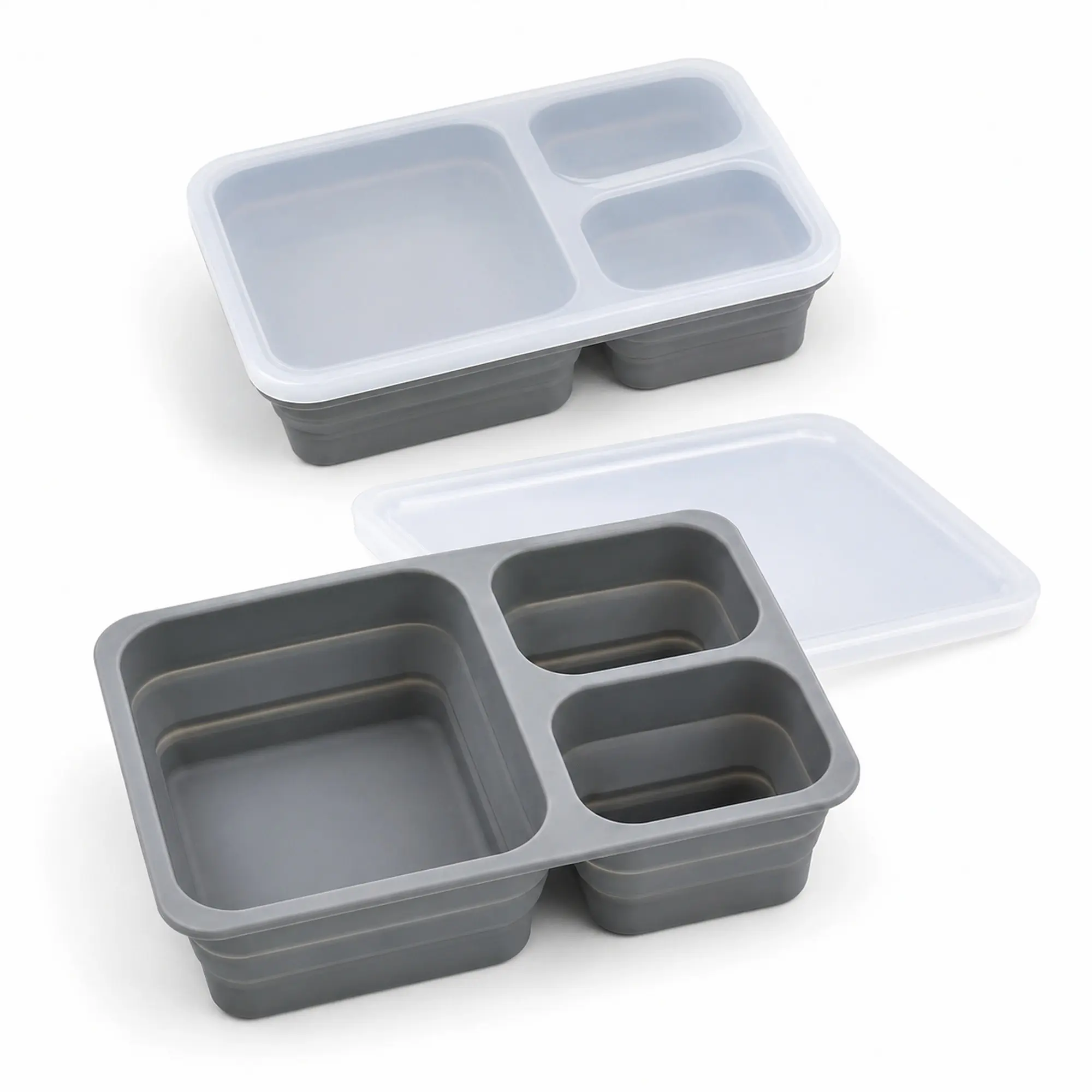 2 Pack Collapsible Silicone Lunch Box with Lid, 3 Compartment Foldable Bento, Lightweight Portable Meal Prep, Ideal for Work, School, Travel, Camping