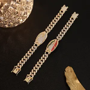 1pc Fashion 14K Gold Plated Cuban Chain Bracelet with Rhinestone Mosaic, Zinc Alloy Our Lady of Guadalupe Pedant, Alloy Main Material, Bling Jewelry Accessory