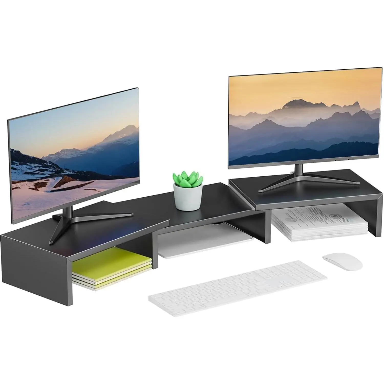 Dual Monitor Stand for Desk, Metal Computer Stand, Desk Shelf Riser,Desktop Organizer for Home and Office (Black)