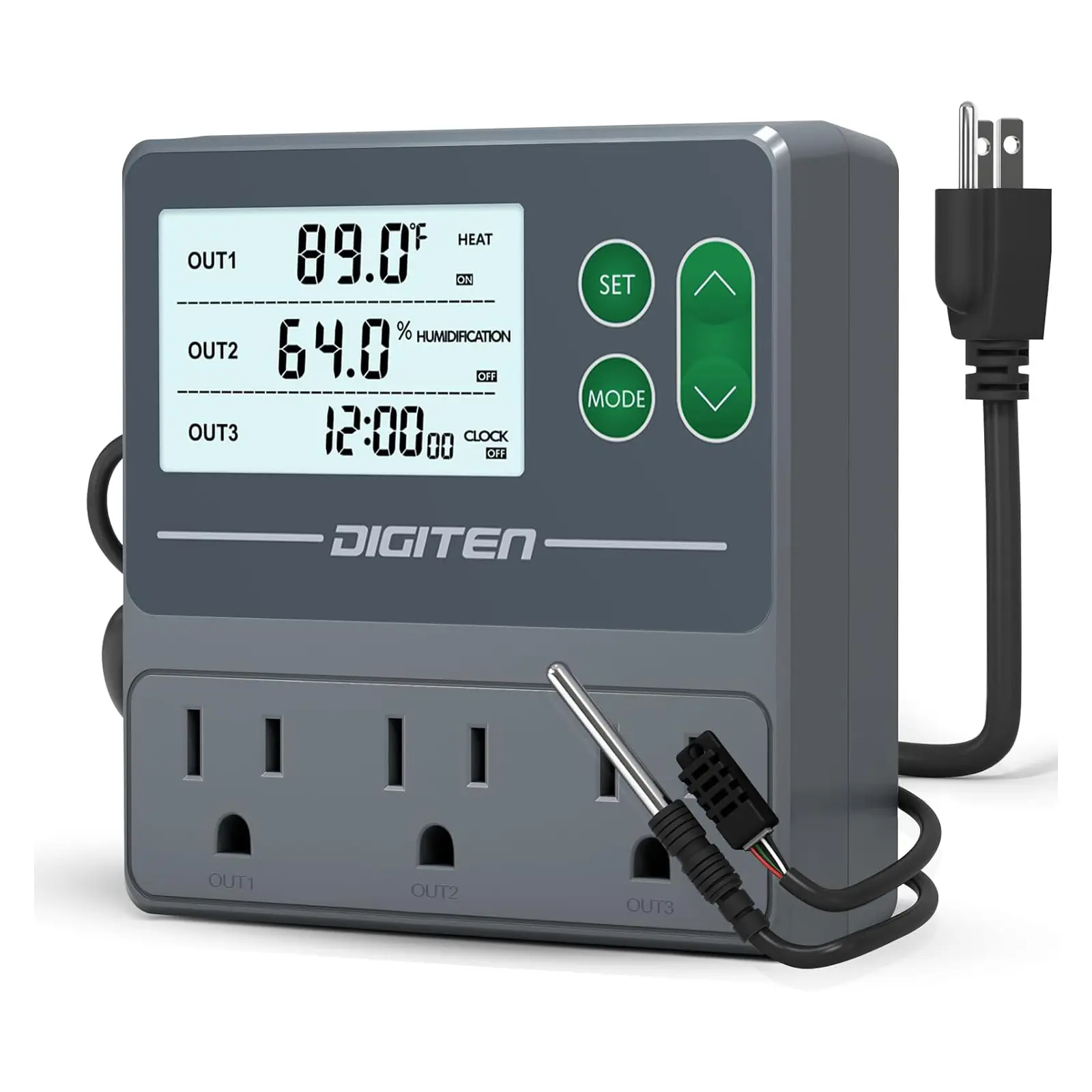 DIGITEN dual-probe temperature and humidity controller, compatible with humidifiers, dehumidifiers, heating and cooling systems, suitable for reptiles, snakes, mushrooms, and plug-in temperature controllers for tents.