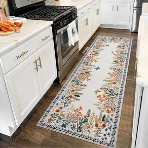 Soft Washable Beige Runner Rug | 2x6ft Non-Slip Floral Area Carpet | Perfect for Living Room, Entryway, Bedroom, Dining Room & Dorm Spaces