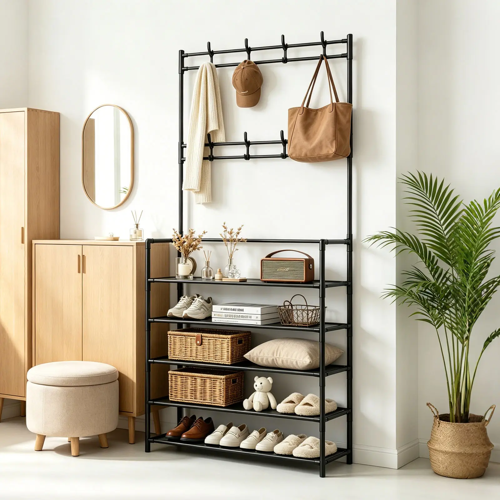 2-in-1 Shoe & Coat Rack, 5 Tier Shoe Organizer Storage 15-20 Pairs for Closet Entrance | Stackable & Detachable Shelf with Hooks Entryway Shoe Holder Space Saving Closet Organizers and Storage