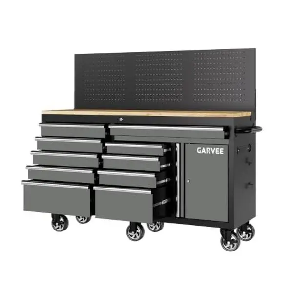 Gaomon 61-in Heavy-Duty Rolling Tool Chest Workbench with Wheels - 10-Drawer Mobile Garage Tool Cabinet, Pegboard Back Panel, Lockable Storage, Built-In Charging Station, Rubberwood Top, 1 Door, Gray