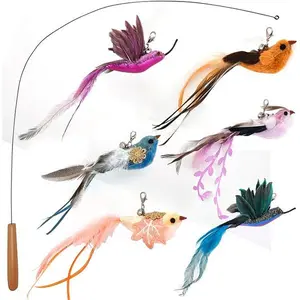 Interactive Cat Toys for Indoor Cats - 35'' Steel Wire and 6PCS Feather Bird Refills,Teaser Toy,Cat Wand Toy,Feathers & Bells, Realistic Bird Impression (7 PCS)