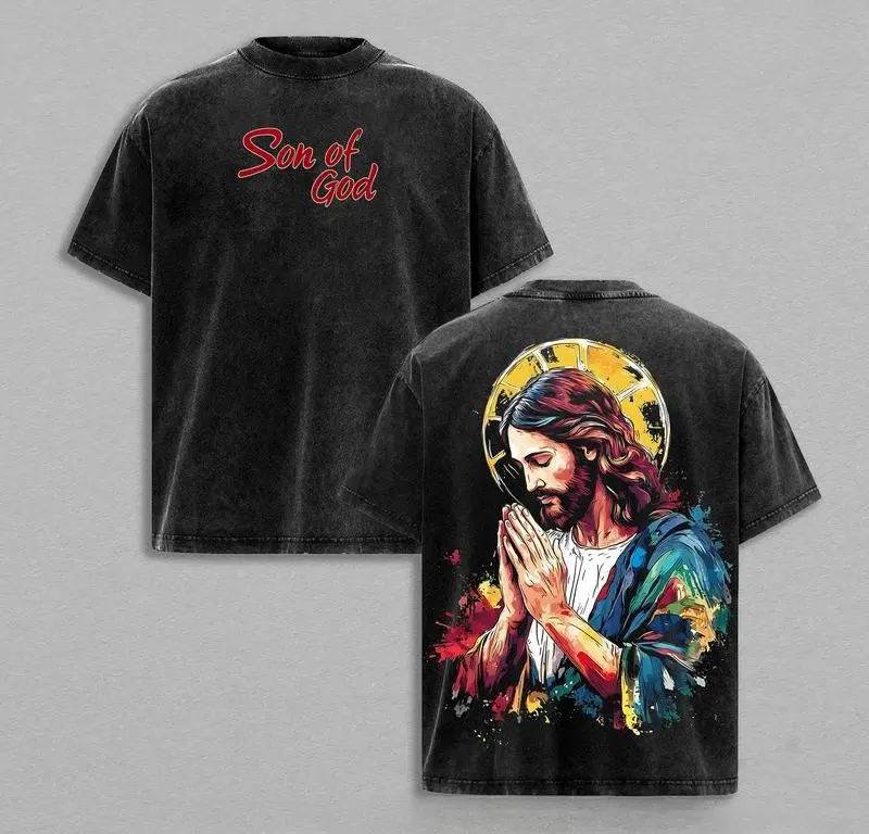 valentine shirts Son of God Jesus Praying T-Shirt | Merry Xmas Christian Holiday Shirt | Vintage Washed Oversized Faith Tee | Colorful Jesus Art Graphic Back Print | Religious Christmas Gift for Believers USA Streetwear Everyday