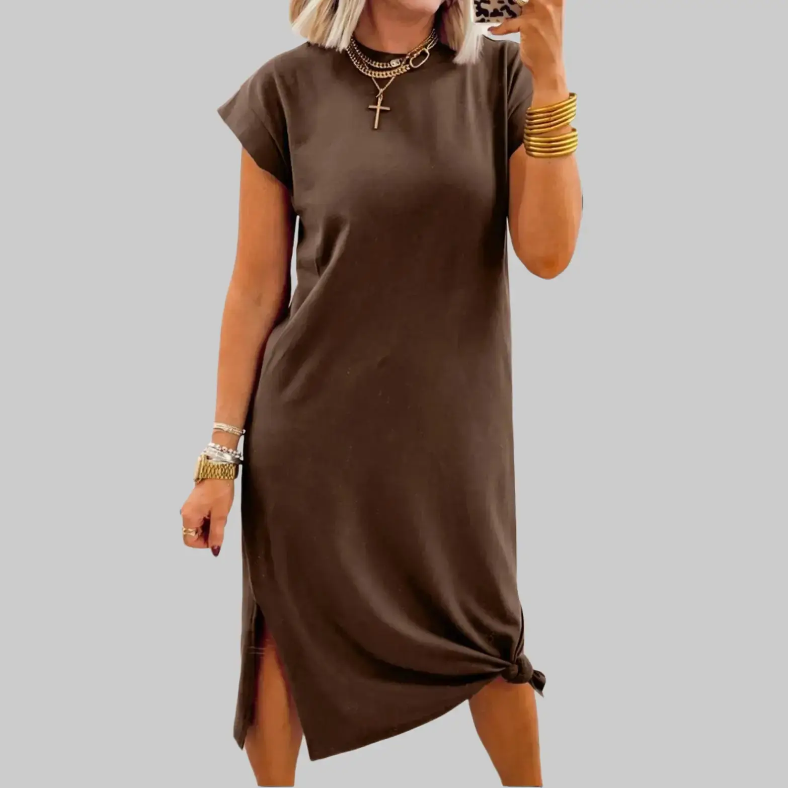 Sandalwood Solid Color Long T Shirt Dress with Slits,Casual Loose Short Sleeve Midi Dress 50%Polyester 43%Viscose 7%Elastane,Loose Short‑Sleeve Midi T‑Shirt Dress, Soft Stretchy Fabric