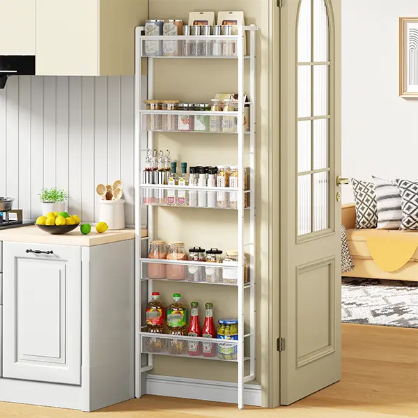 Wall Mounted 5-Tier Slim Metal Storage Rack, Narrow Kitchen Wall Organizer Shelf for Spices, Containers & Decor, Space Saving Wall Shelving for Kitchen, Pantry & Bathroom, White