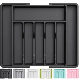 Large Silverware Drawer Organizer, Expandable Utensil Tray for Kitchen, BPA Free Flatware and Cutlery Holder, Adjustable Plastic Storage for Spoons Forks Knives, Large, Black Boxes