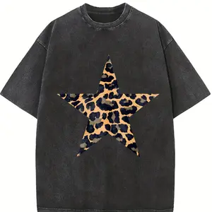 Holafish Acid Washed Shirts Five-Pointed Star Oversized Half Short Sleeves Casual Printed Graphic Tee Summer Comfortable Cotton Plus Size - Womenswear