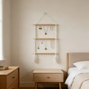 Wall-mounted jewelry storage rack - 30-hook beaded jewelry hanging basket with tassel design, suitable for organizing necklaces, bracelets, earrings, hair bands and bows, over-the-door hanging jewelry storage rack, Organiser) (DM118)