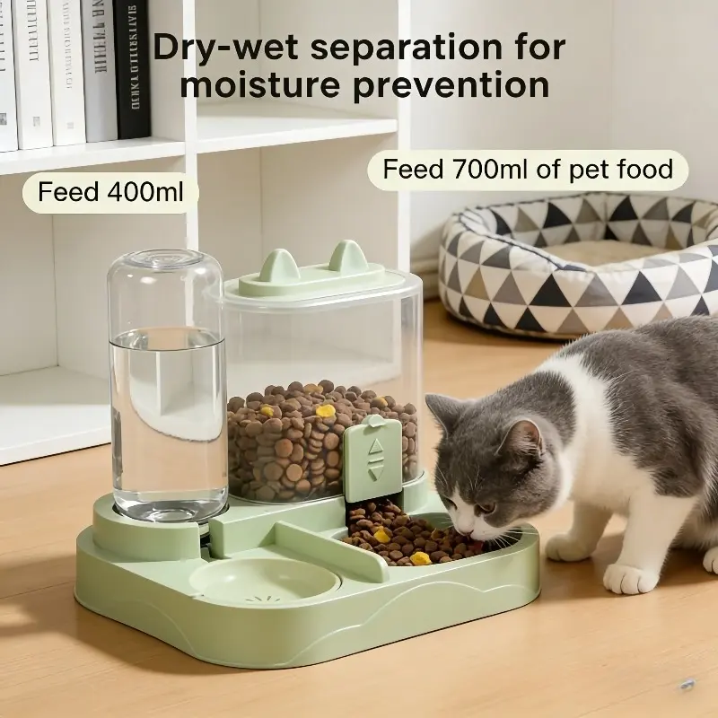 2-In-1 large-capacity cat feeder and water dispenser - wet and dry separation, durable plastic, perfect for indoor pet drinking and healthy eating needs, cat food and water dispenser, portable design, suitable for dogs