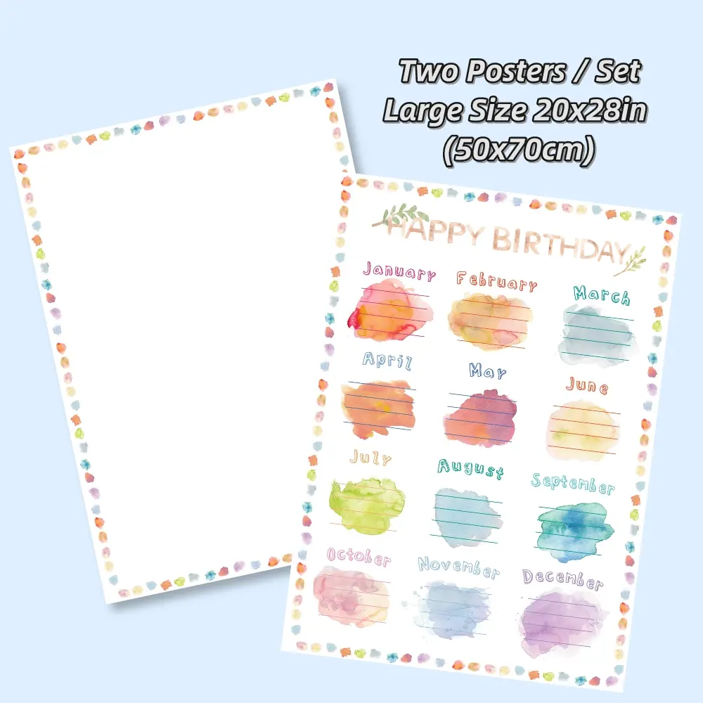 Classroom Large Laminated Dry Erase Poster Set, 2counts/set Blank and Birthday Erasable Poster Set, Watercolor Design Birthday Poster for Bulletin Board, Classroom Decoration, Home Classroom Decorations, Classroom Supplies