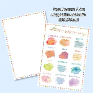Classroom Large Laminated Dry Erase Poster Set, 2counts/set Blank and Birthday Erasable Poster Set, Watercolor Design Birthday Poster for Bulletin Board, Classroom Decoration