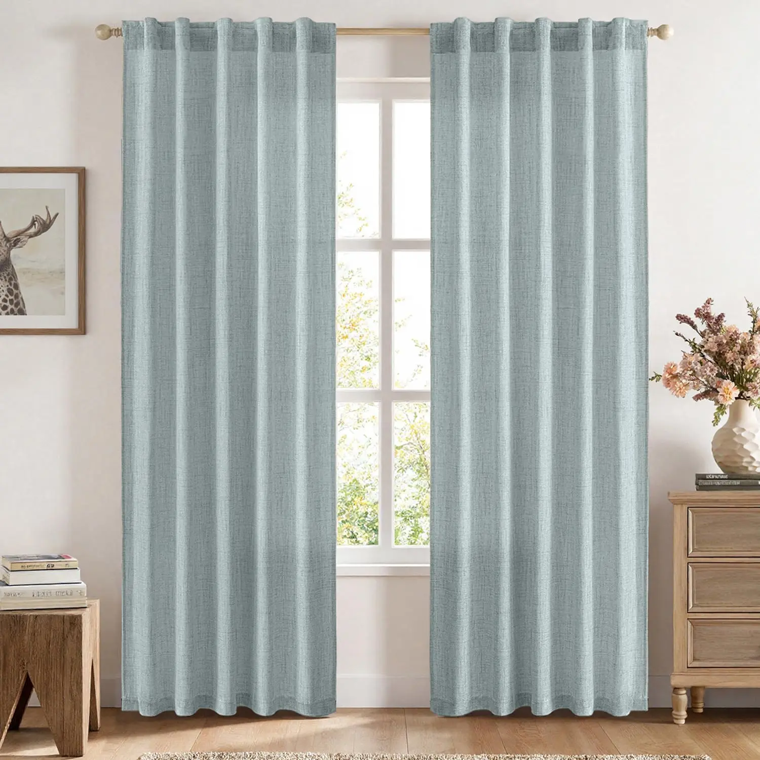 Faux Curtains 84 Inch Length 2 Panels Natural Stone Blue Semi Sheer with Back Tab Rod, Light Filtering Window Privacy Burlap Drapes for Living Room Bedroom 42W x 84L